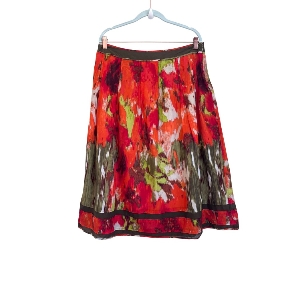Talbots Silk A-Line Skirt 12 Orange Green Floral Abstract Artsy Garden Colorful
